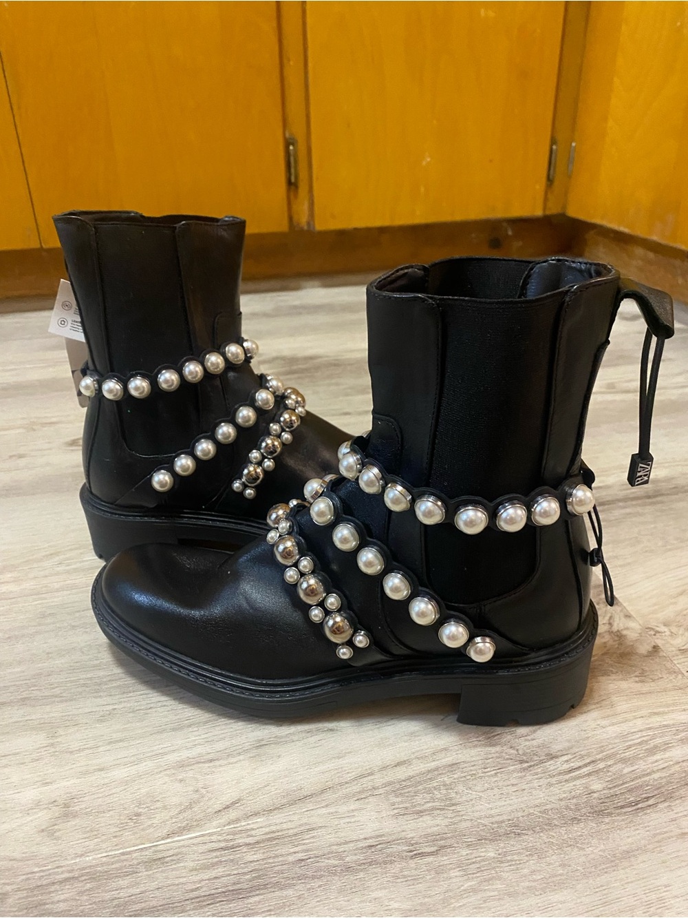 Zara Black Ankle Boots with Silver Pearl & Stud Straps - Picture 8 of 16